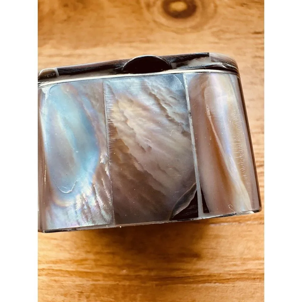 Beautiful Abalone Mother Of Pearl Small Trinket Jewelry Snuff‎ Box Stainless VTG